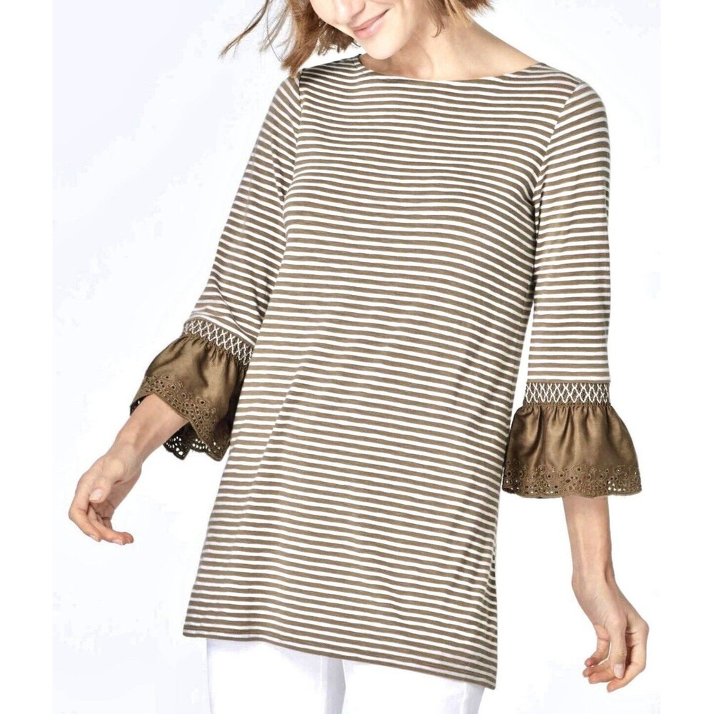 J Jill L Neutral Stripe Bell Sleeve Tunic Top Mixed Media Boho Coastal Preppy